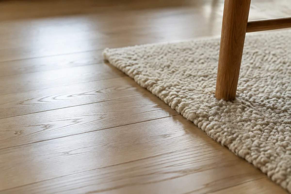 Plancher en chêne clair huilé qui reflète la lumière d'une fenêtre orientée nord, tapis en laine écrue