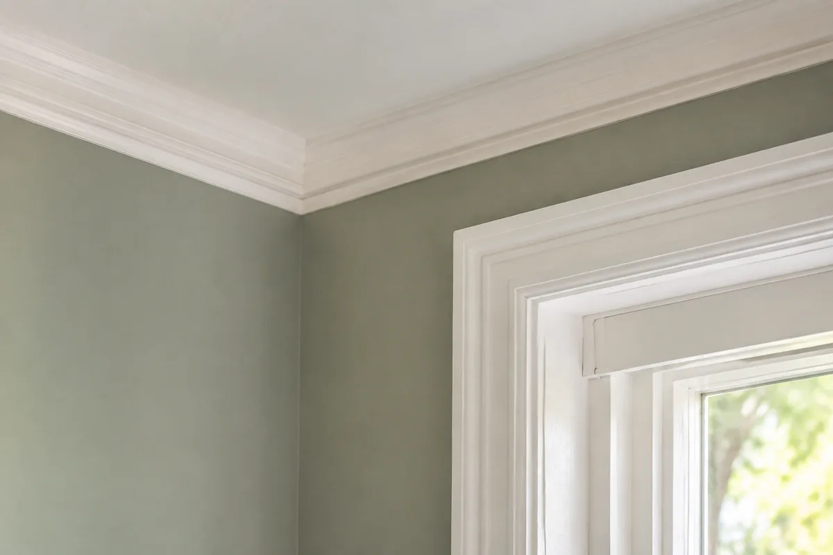 Angle entre un mur vert sauge et un plafond blanc craie avec ses moulures, fenêtre blanche à droite