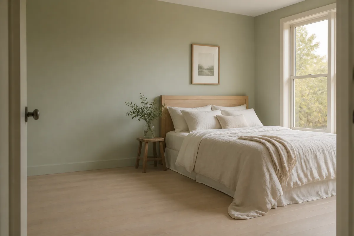 Chambre aux murs vert sauge, lit en lin blanc cassé et tête de lit en chêne, grande fenêtre à droite, lumière du matin