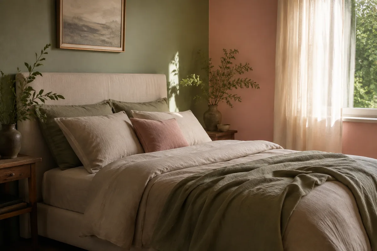 Chambre où un mur vert sauge fait face à un mur rose poudré, lit en lin entre les deux