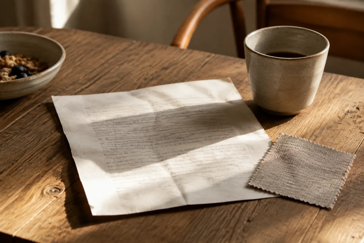 Table de petit-déjeuner avec une lettre imprimée, une tasse et un échantillon de tissu en lin, lumière du matin
